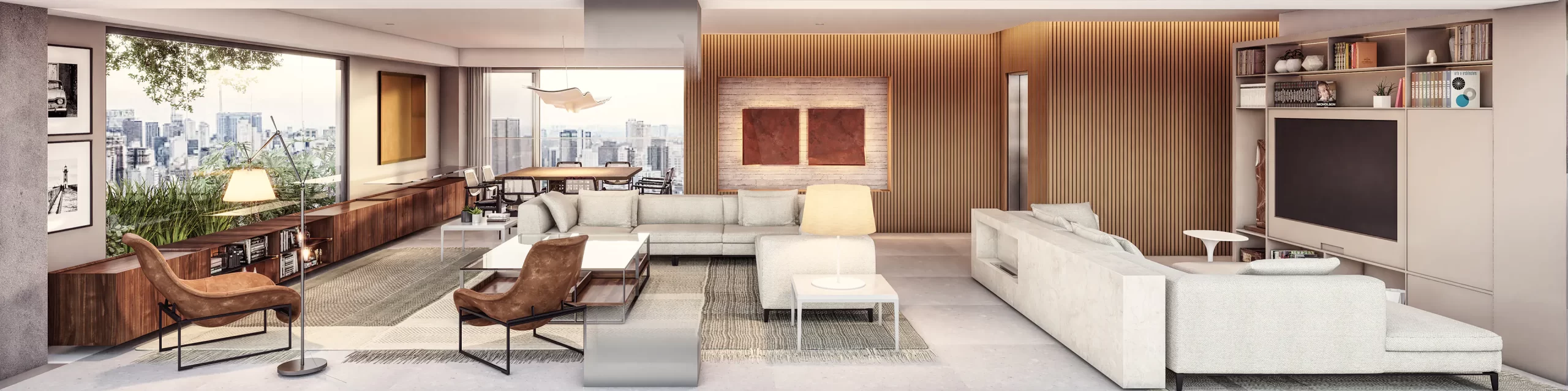 PERSPECTIVA ARTÍSTICA DO TERRAÇO E LIVING INTEGRADOS - PLANTA OPÇÃO 2 - 226m²