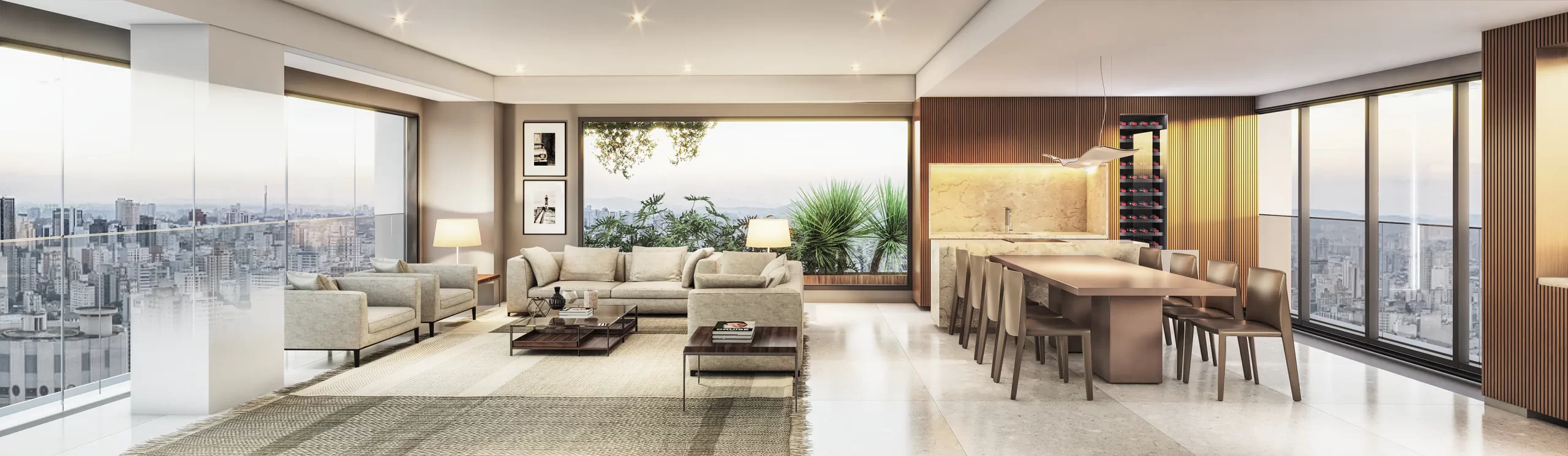 PERSPECTIVA ARTÍSTICA DO LIVING AMPLIADO E GOURMET - PLANTA OPÇÃO 3 - 226m²